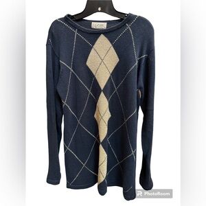 Y2K VINTAGE CEZANNE 1990’s argyle blue gold women's XL Cable Knit Sweater Jumper